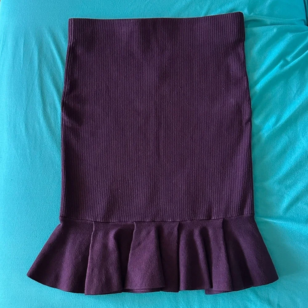 Express Body Contour Plum Ribbed Set of Crop One Shoulder Top and Ruffle Skirt